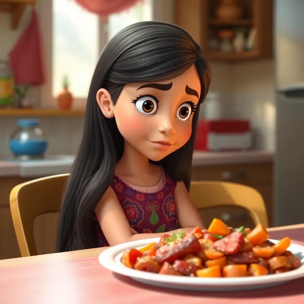 A young Arab girl, Sarah, with long dark hair and a colorful dress, looking at a plate of unhealthy food with puzzled expression, sitting at a kitchen table, digital art, bright colors, warm light, cheerful atmosphere, high quality