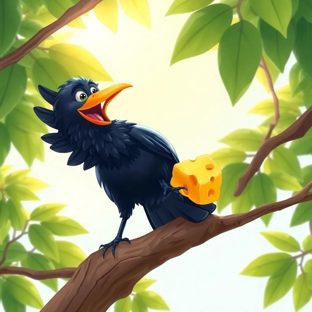 A hungry crow with shiny feathers, perched high on a tree branch holding a piece of cheese in its beak, bright sunlight filtering through green leaves, vibrant colors, cheerful atmosphere, friendly digital art