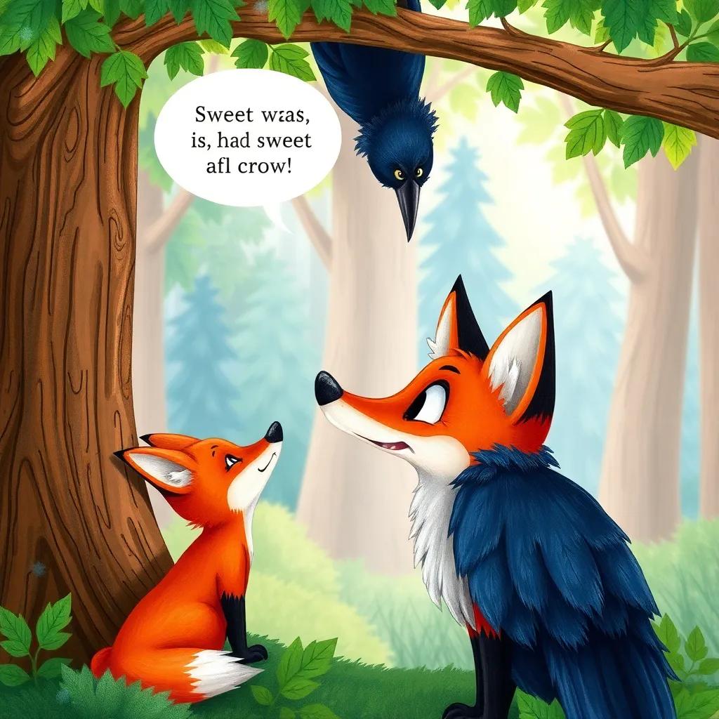 A cunning fox looking up at the crow from below the tree, saying sweet words, with a mischievous smile, colorful forest background, playful scene, detailed illustration