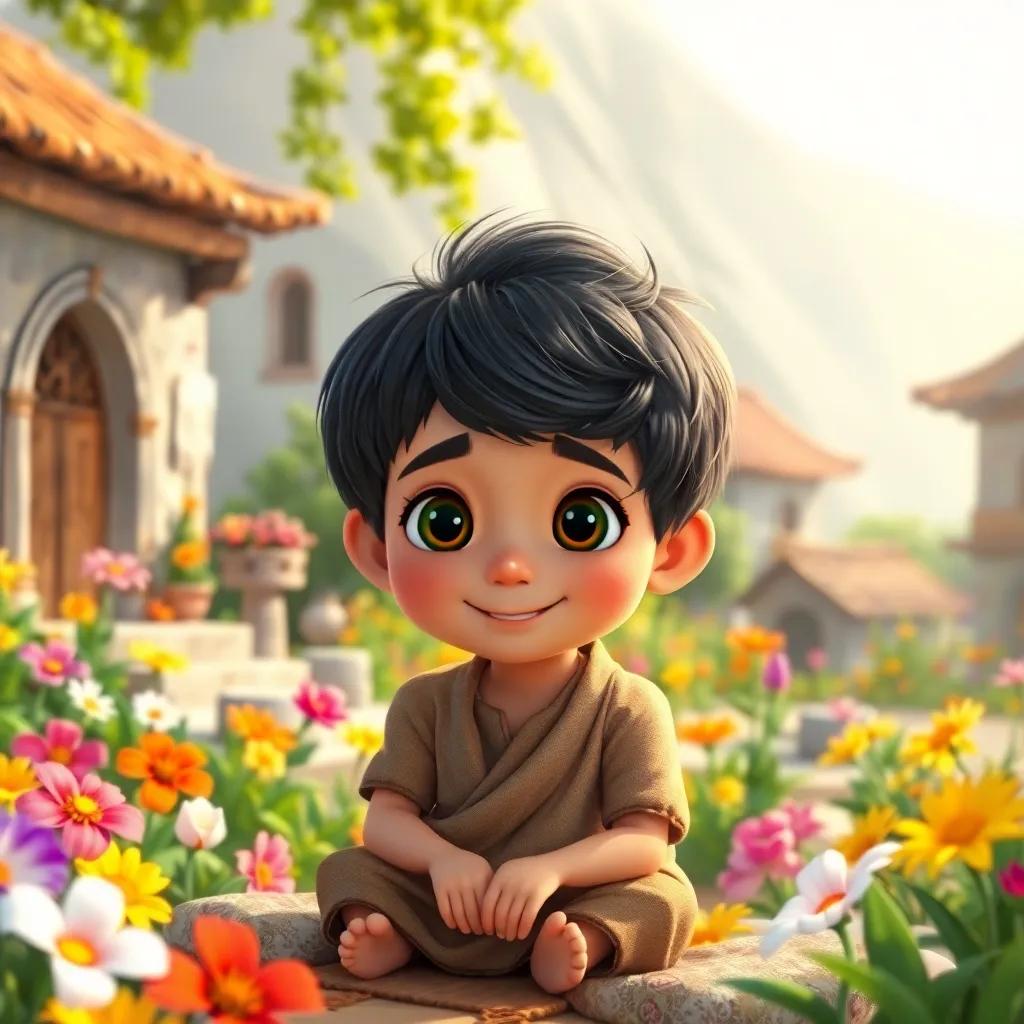 A small boy named Ali with short dark hair, wearing a simple tunic, sitting in a beautiful village surrounded by colorful flowers. Digital art, bright colors, cheerful atmosphere, high quality.