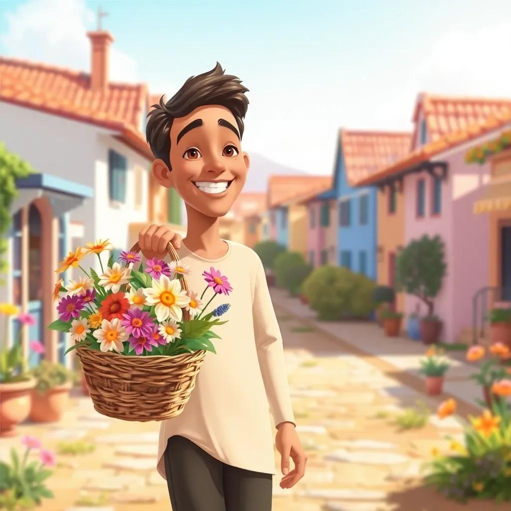 Ali holding a basket filled with beautiful flowers, smiling joyfully as he walks through the sunny village, with colorful houses in the background. Illustration, warm light, inviting scenery, high quality.