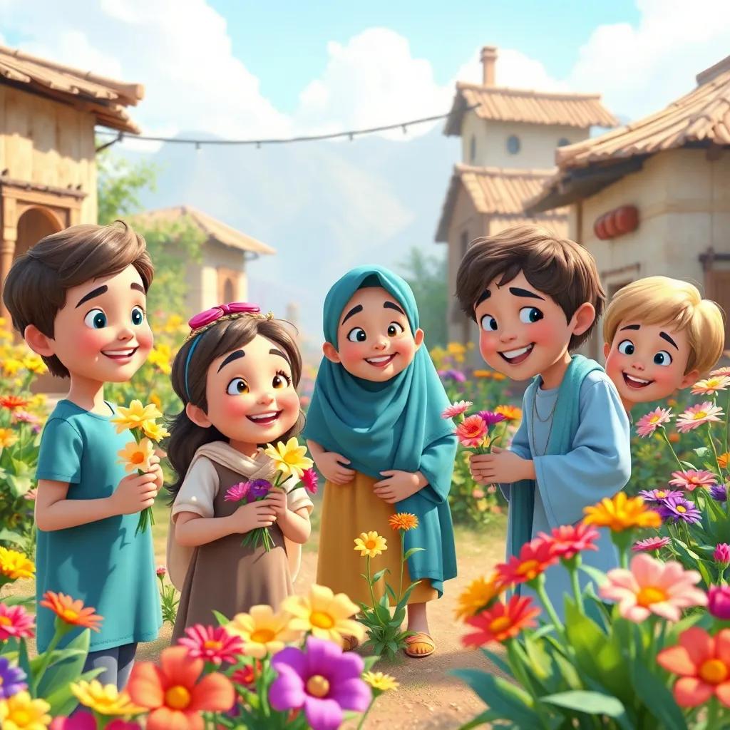 Children in the village happily receiving flowers from Ali, with bright smiles on their faces, and colorful gardens around them. Child-friendly digital artwork, vibrant colors, joyful scene, high quality.