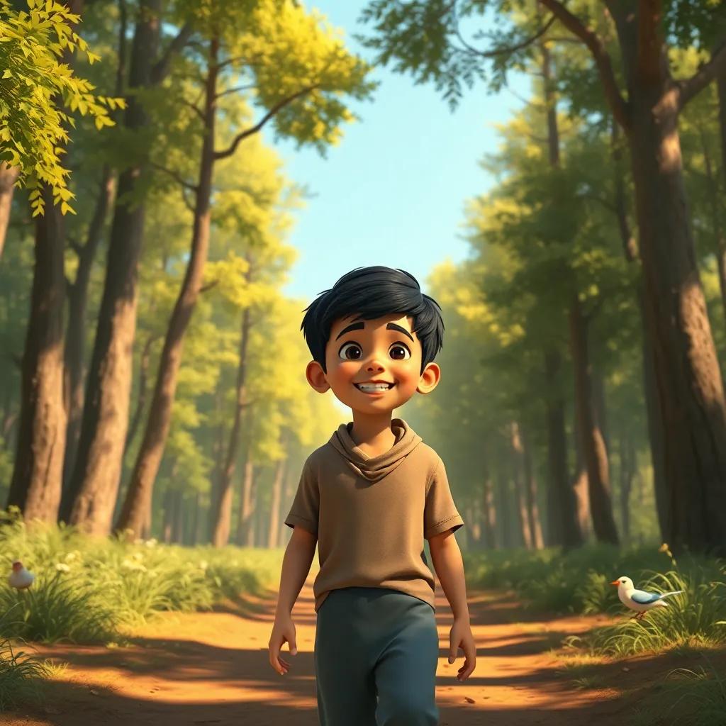 A young Arab boy, Ali, with short black hair and a bright smile, walking through a sunny forest filled with tall trees and singing birds, digital art, vibrant colors, warm light, enchanting atmosphere, high quality
