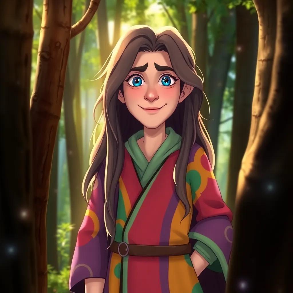 A mysterious stranger with long hair and blue eyes, wearing a colorful robe, standing among the trees with a friendly expression, surrounded by shining light, digital illustration, magical, bright colors, high quality