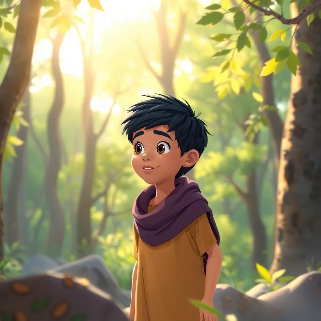 Ali, a young Arab boy with short black hair, curiously looking at the stranger in the forest, with a background of trees and sunlight filtering through leaves, illustration, engaging, vibrant colors, child-friendly, high quality