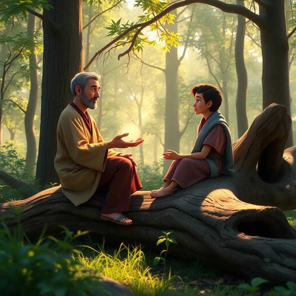A wise stranger explaining forgiveness to Ali in the forest, sitting on a fallen tree trunk, surrounded by nature, soft sunlight, digital art, warm colors, peaceful atmosphere, high quality