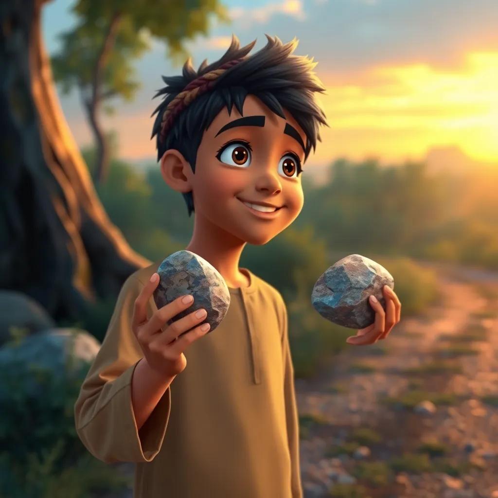 Ali, a young Arab boy, holding a beautiful stone given by the stranger, smiling and looking thoughtfully towards the forest as he heads home, evening light, colorful, uplifting imagery, high quality
