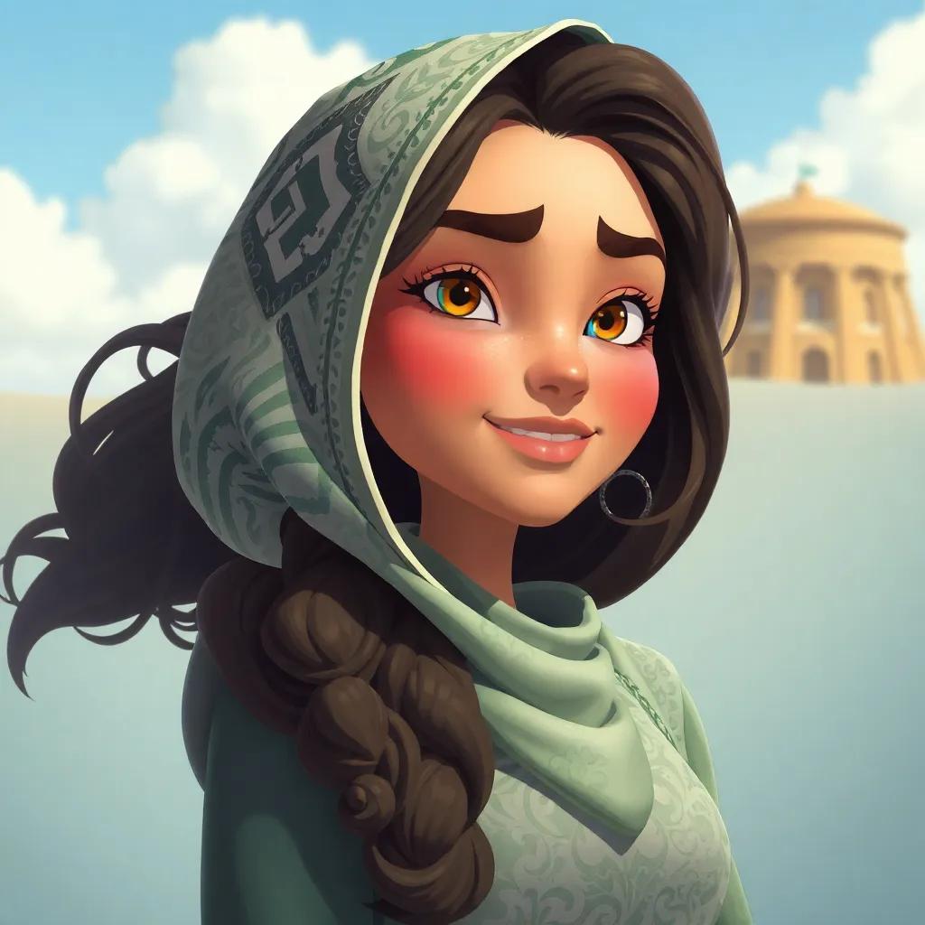 ليلى والغول يتحدثان أمام شجرة، الغول يبدو ضعيفًا، وليلى مبتسمة، بألوان دافئة، لحظة مميزة، تفاصيل غنية
