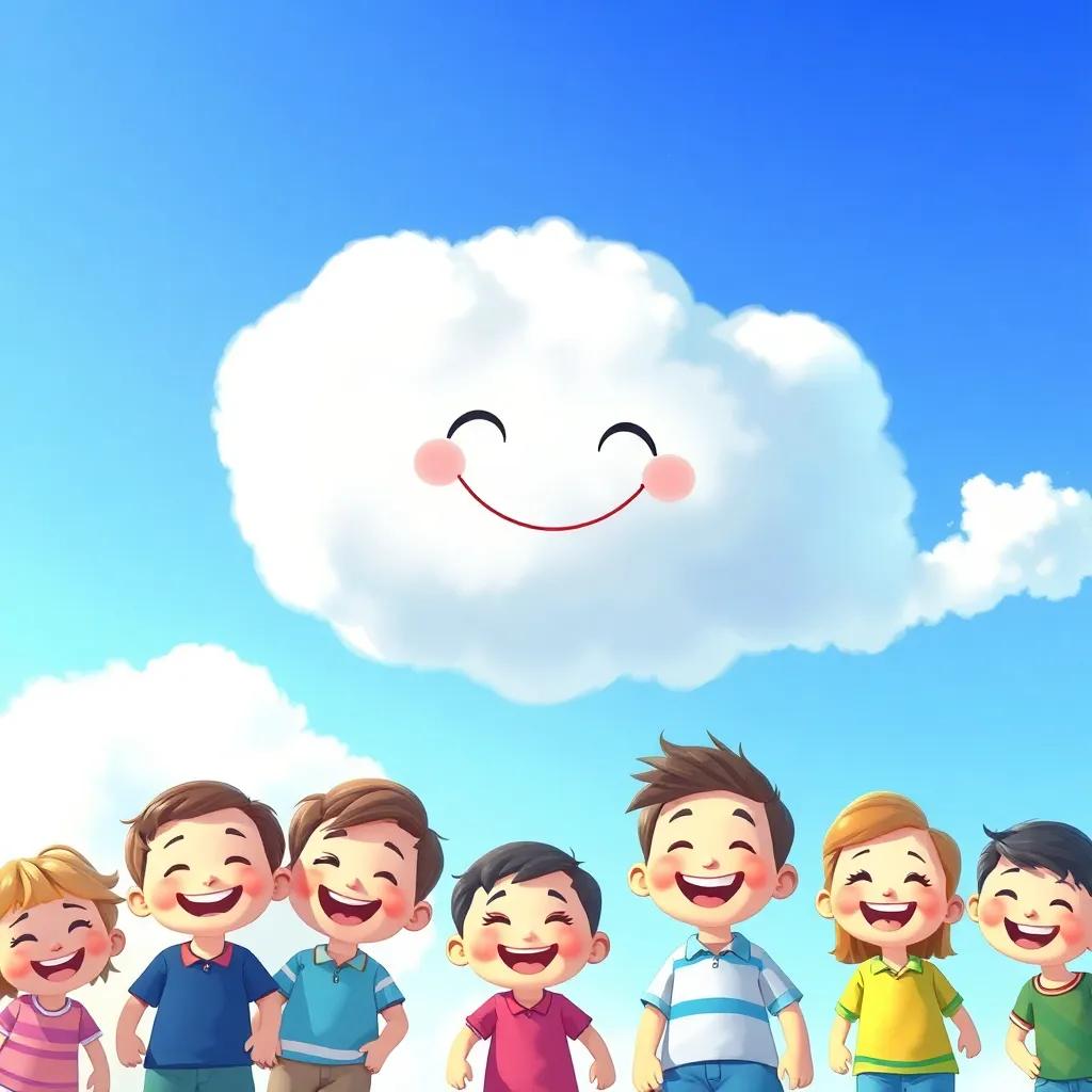 A happy cloud floating in a bright blue sky, surrounded by smiling children below, vibrant colors, cheerful atmosphere, digital art, high quality
