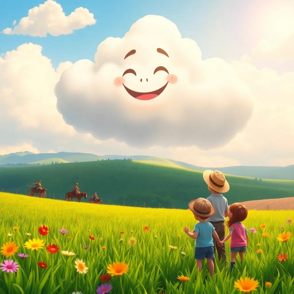 The happy cloud looking down at farmers in green fields, watching children play, colorful flowers blooming, warm sunlight, realistic style, detailed