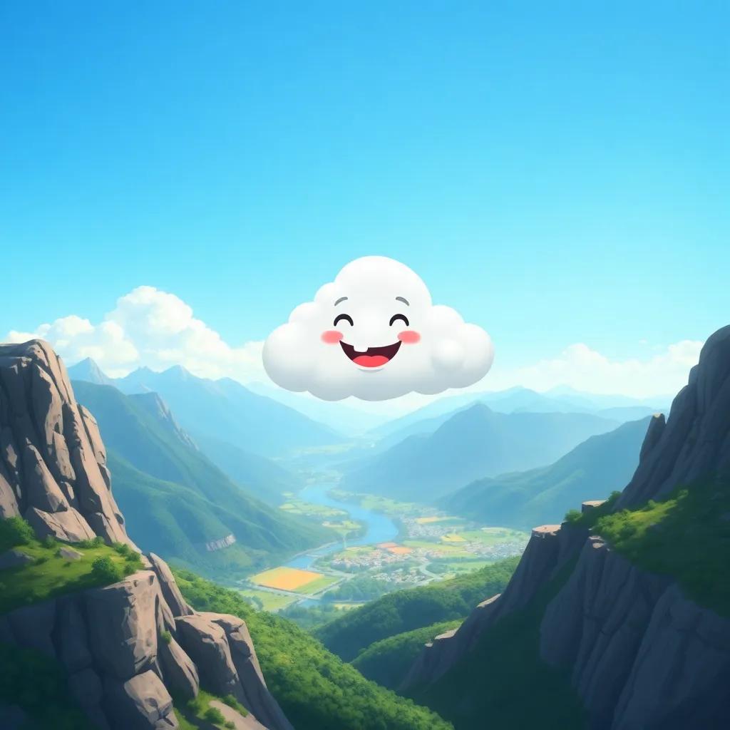 The happy cloud at the top of mountains, overlooking valleys and rivers, bright blue sky, inviting landscape, illustration, cheerful