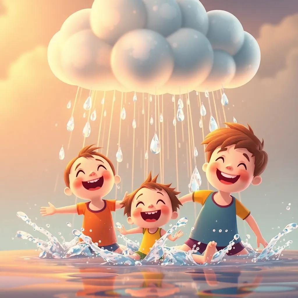 The cloud releasing drops of rain over the joyful children, splashes of water, smiles, laughter, warm colors, animation style
