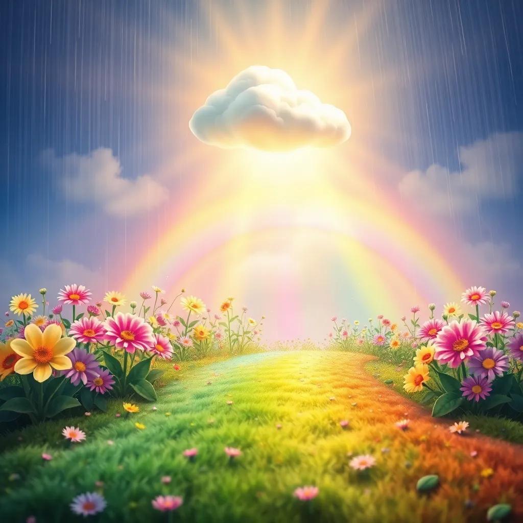 A rainbow of colors on the ground, flowers blooming brightly after the rain, the happy cloud above, radiating light, fantasy style, vibrant