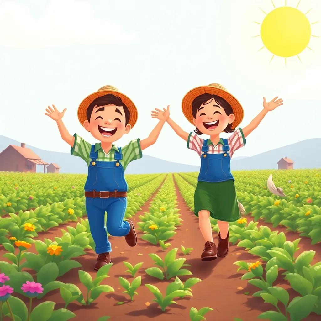 Farmers dancing in the fields, joy on their faces, crops growing beautifully, sunny day, child-friendly illustration, bright colors