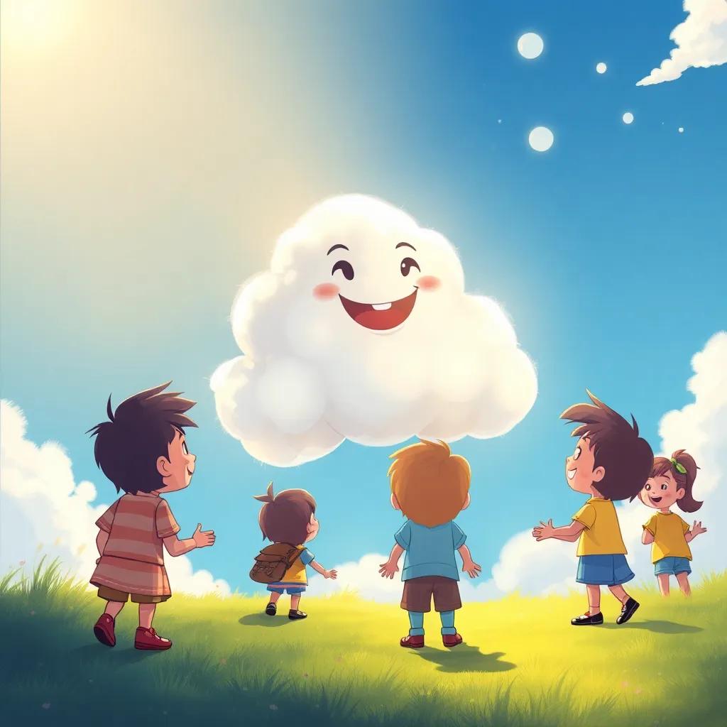 The happy cloud ready to depart, looking back at the joyful children, bright atmosphere, enchanting scene, illustration