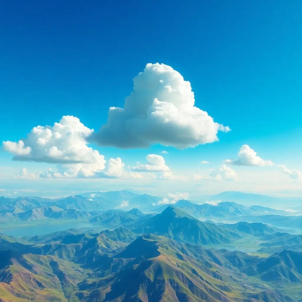 The cloud soaring over mountains and oceans, symbolizing generosity and happiness, beautiful sky, vibrant landscape, high quality