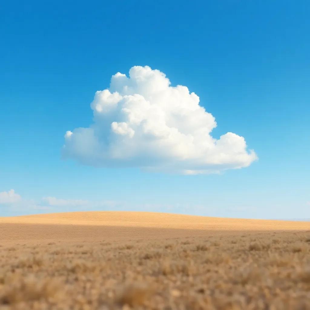 A beautiful silver cloud in a clear blue sky, looking down at a dry land with hopes and dreams, digital art, light and airy, soft colors, dreamy atmosphere, high quality