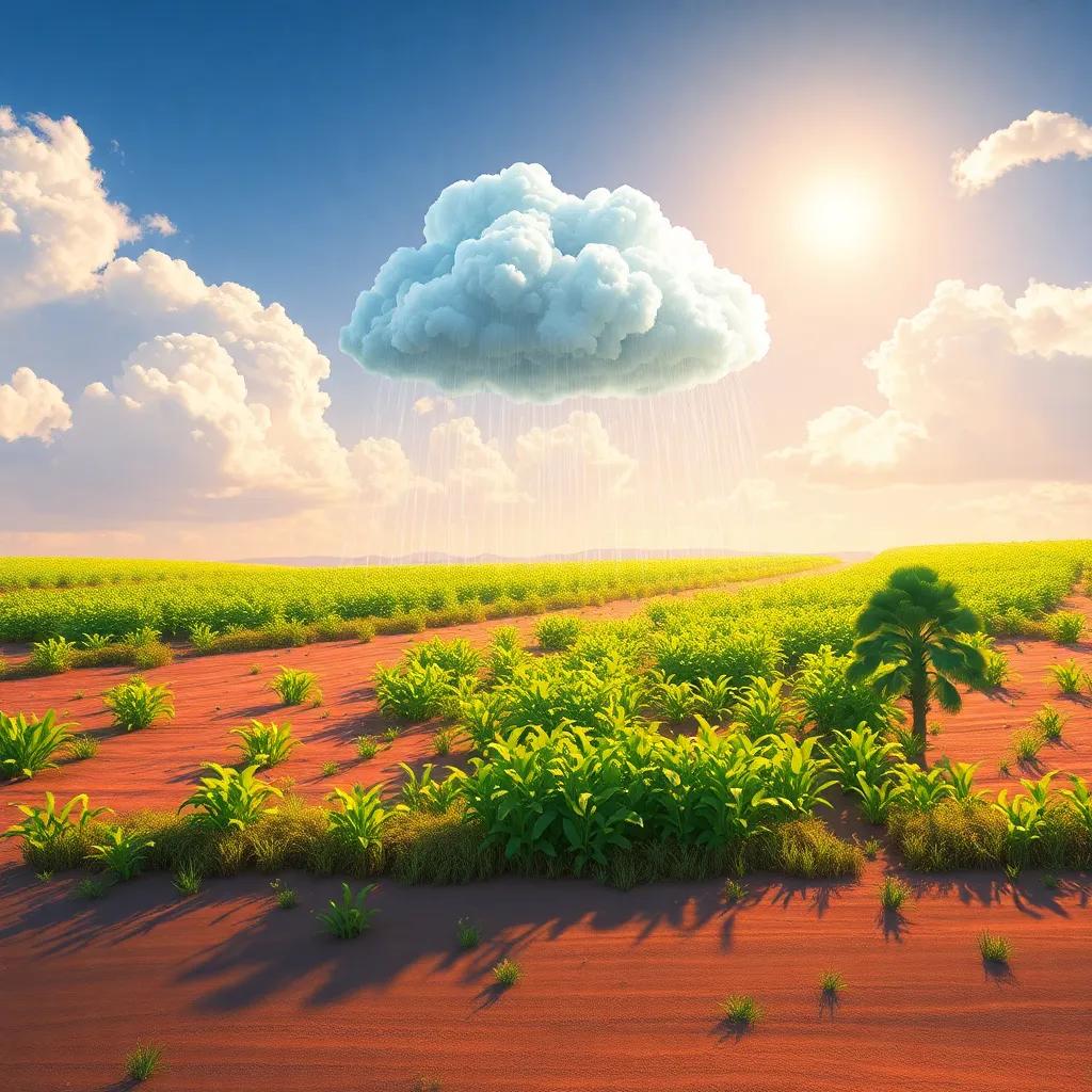 A silver cloud raining down on the earth, transforming a dry field into a vibrant green paradise, cheerful colors, bright sunshine, lively atmosphere, digital painting