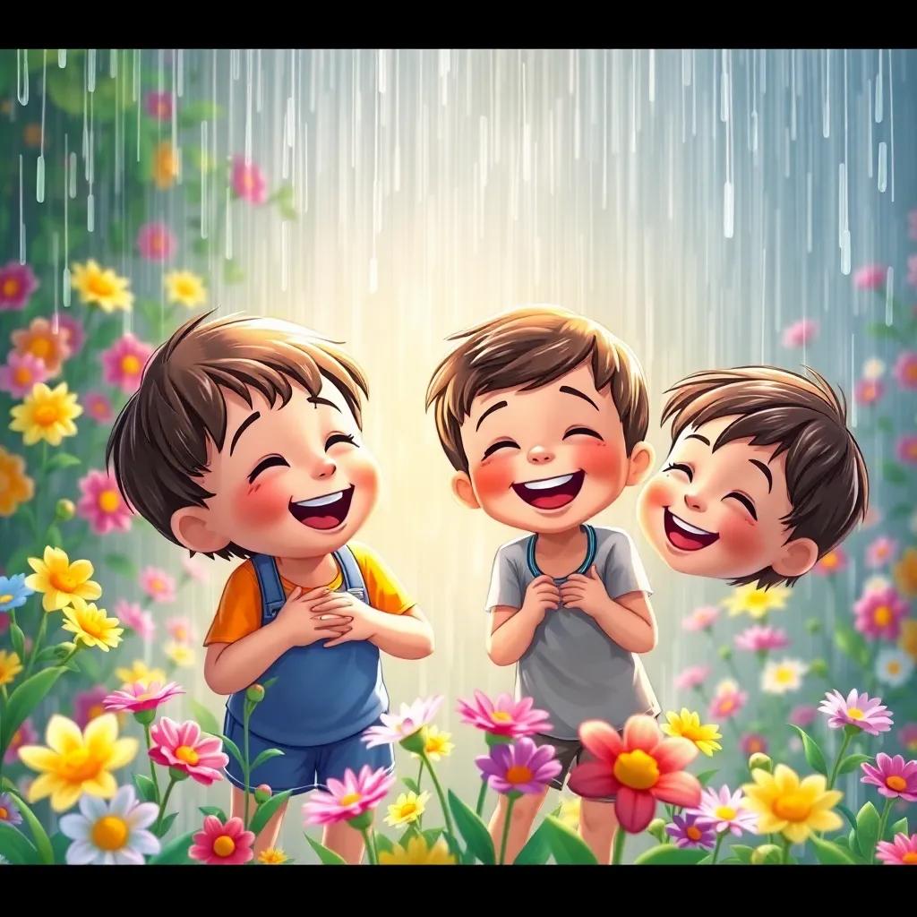 Children playing and laughing under the rain, with colorful flowers blooming all around them, joy and happiness visible on their faces, cheerful colors, bright light, joyful scene, high quality
