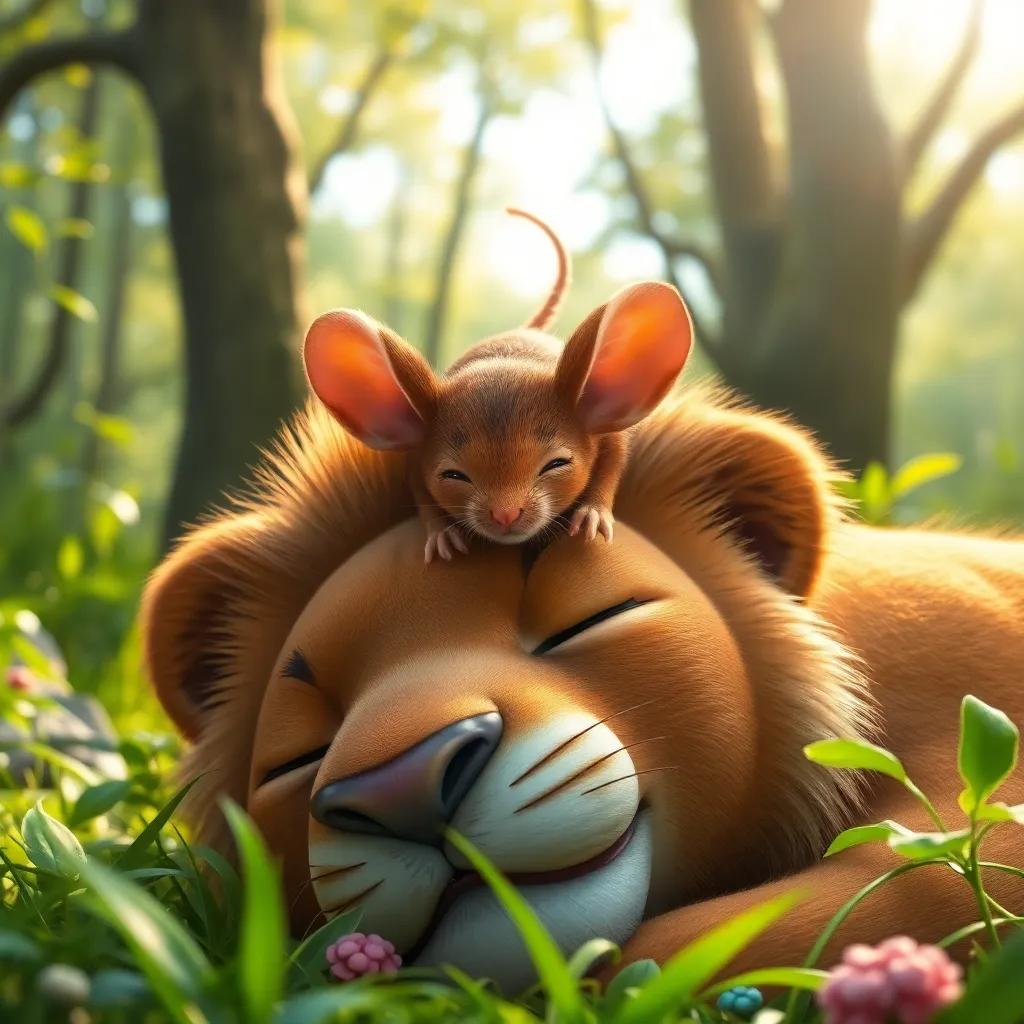 A small brown mouse, with big ears, falling gently onto a sleeping lion's head, in a lush green forest, bright sunlight filtering through the trees, cheerful scene, digital art, vivid colors, playful atmosphere, high quality