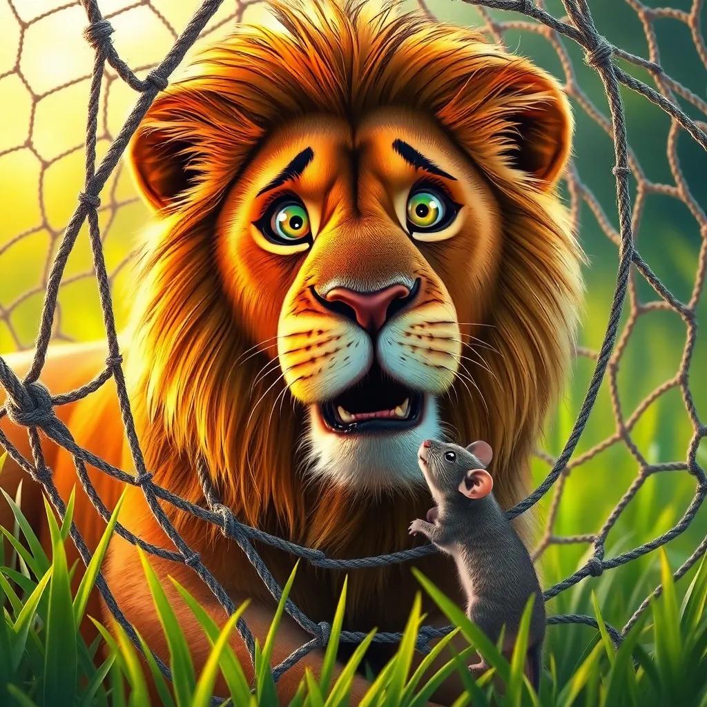 A proud lion trapped in a hunter's net, looking surprised, with a little brown mouse gnawing through the ropes, green grass around, hopeful and warm light, bright colors, heartwarming moment, digital illustration, high quality