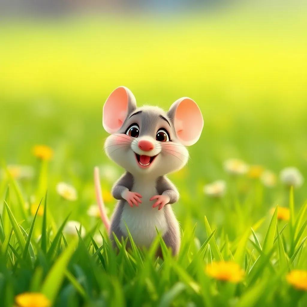 A small clever mouse in a green field, happy and playful, digital art, bright colors, cheerful atmosphere, high quality