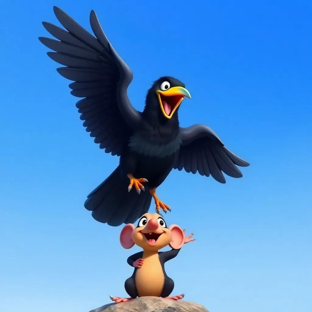 A proud crow flying above the mouse, showing off its shiny feathers, in a blue sky, cartoon style, vivid colors, playful mood, high quality