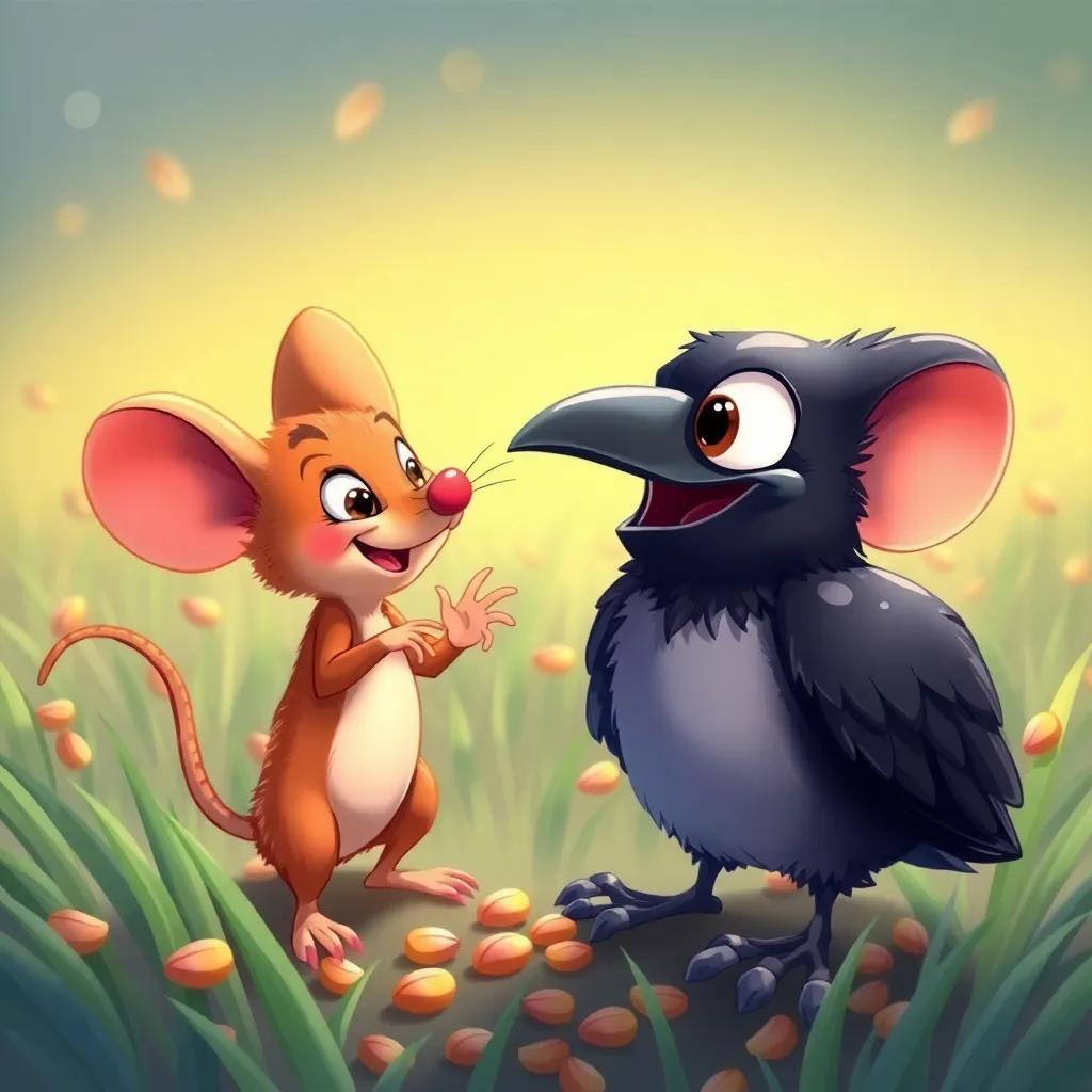 The mouse challenging the crow with a confident smile, surrounded by scattered seeds in the grass, vibrant colors, friendly competition, child-friendly art, high quality