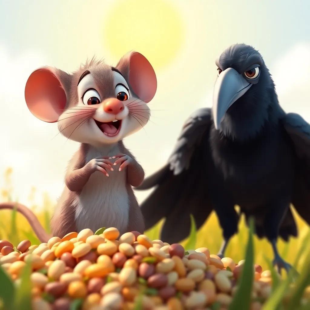 The mouse counting its collected seeds with a proud expression, while the crow looks embarrassed, in a sunny field, cheerful colors, joyful scene, high quality