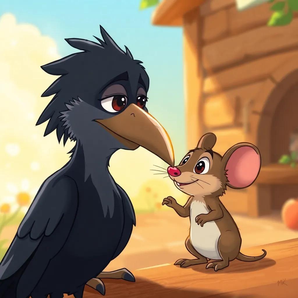 The crow apologizing to the mouse with a sincere expression, in a warm setting with sunshine, charming illustration, friendly atmosphere, high quality