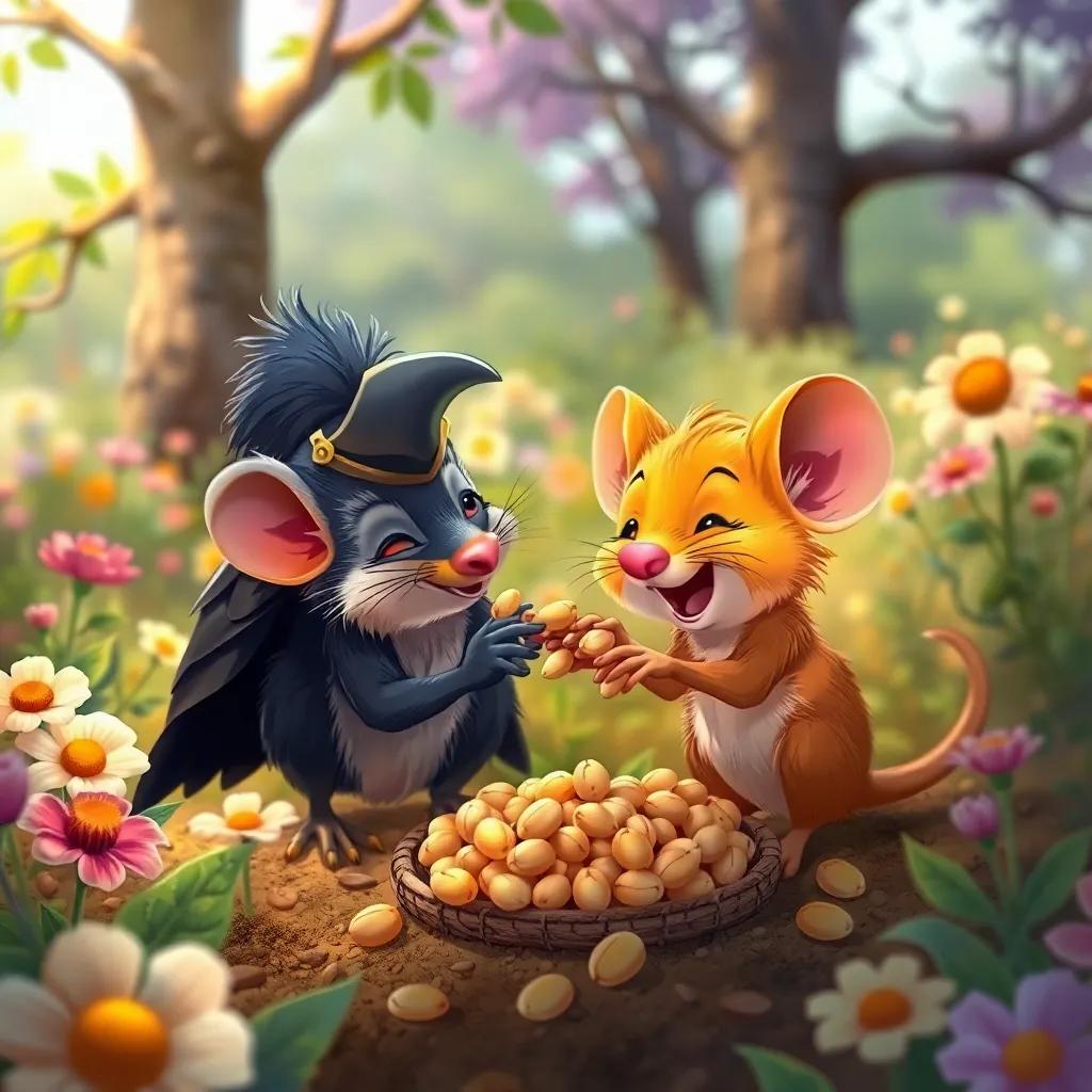 The mouse and crow working together, gathering seeds happily, surrounded by flowers and trees, rich colors, uplifting companionship scene, high quality