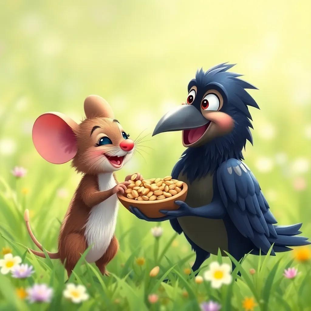The mouse sharing its collected seeds with the crow, both smiling joyfully, in a bright meadow, friendly colors, heartwarming scene, high quality