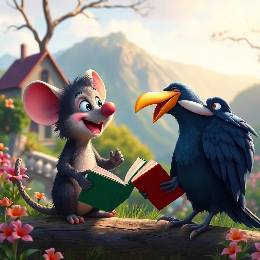 The mouse telling funny stories to the crow, with the crow singing along happily, in a picturesque setting, vibrant colors, cheerful story-telling scene, high quality