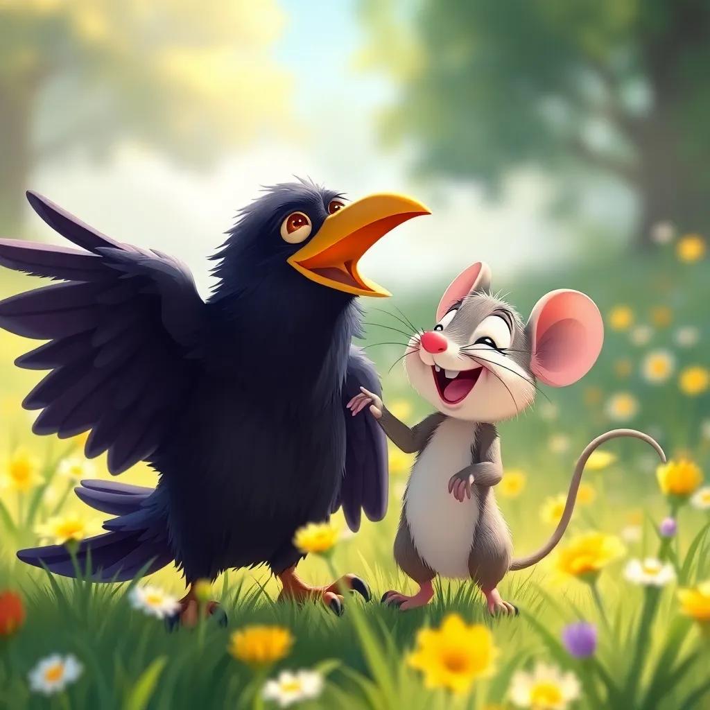 The mouse and crow living happily ever after, playing together in the meadow, filled with sunshine and laughter, colorful illustration, joyful atmosphere, high quality