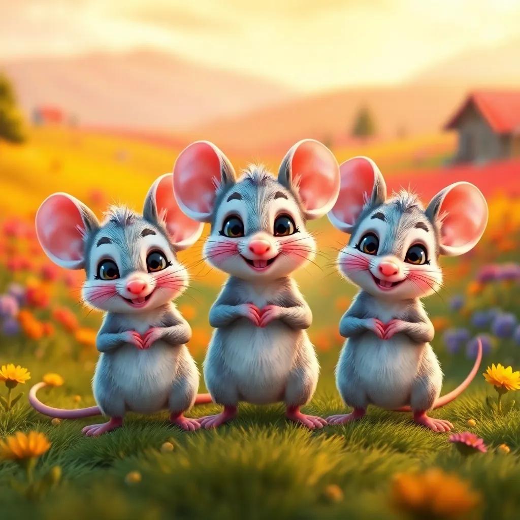 Three little mice standing together in a colorful countryside, looking determined, digital art, cheerful, warm colors, dynamic perspective, high quality