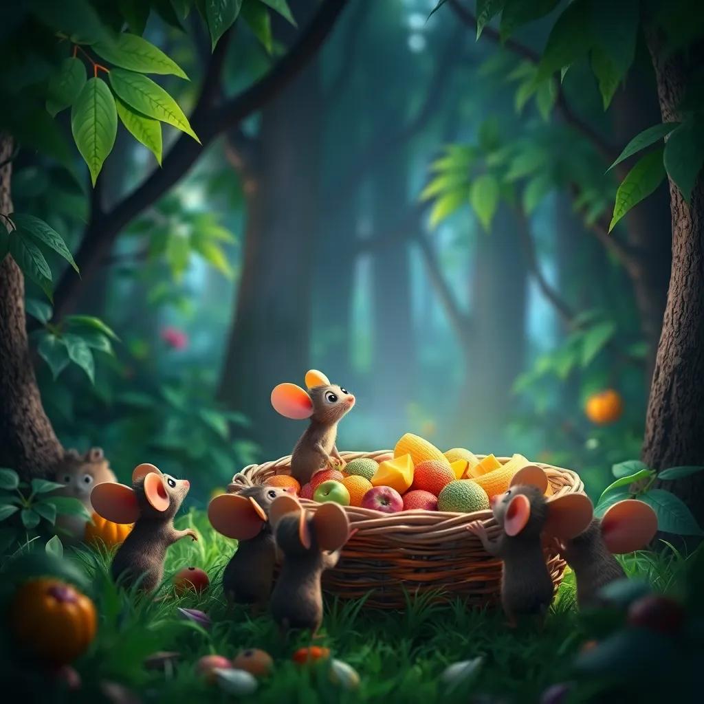 Little mice looking at a big basket filled with food in a dense green forest, exciting atmosphere, vivid colors, vibrant light, engaging perspective, child-friendly