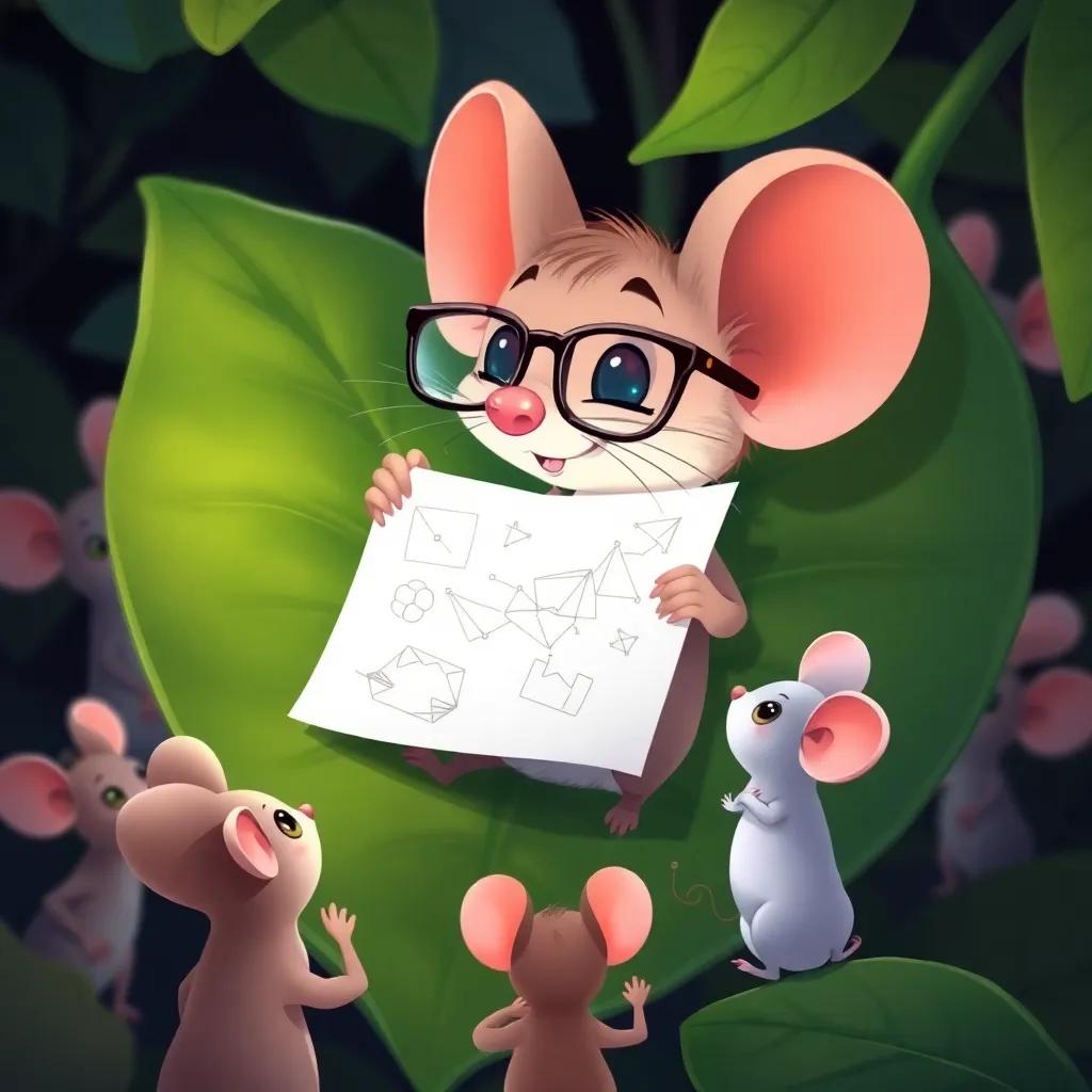 A clever little mouse with glasses sketching a plan on a big leaf, thoughtful expression, surrounded by the other mice, illustration, light-hearted, inviting colors, cute style