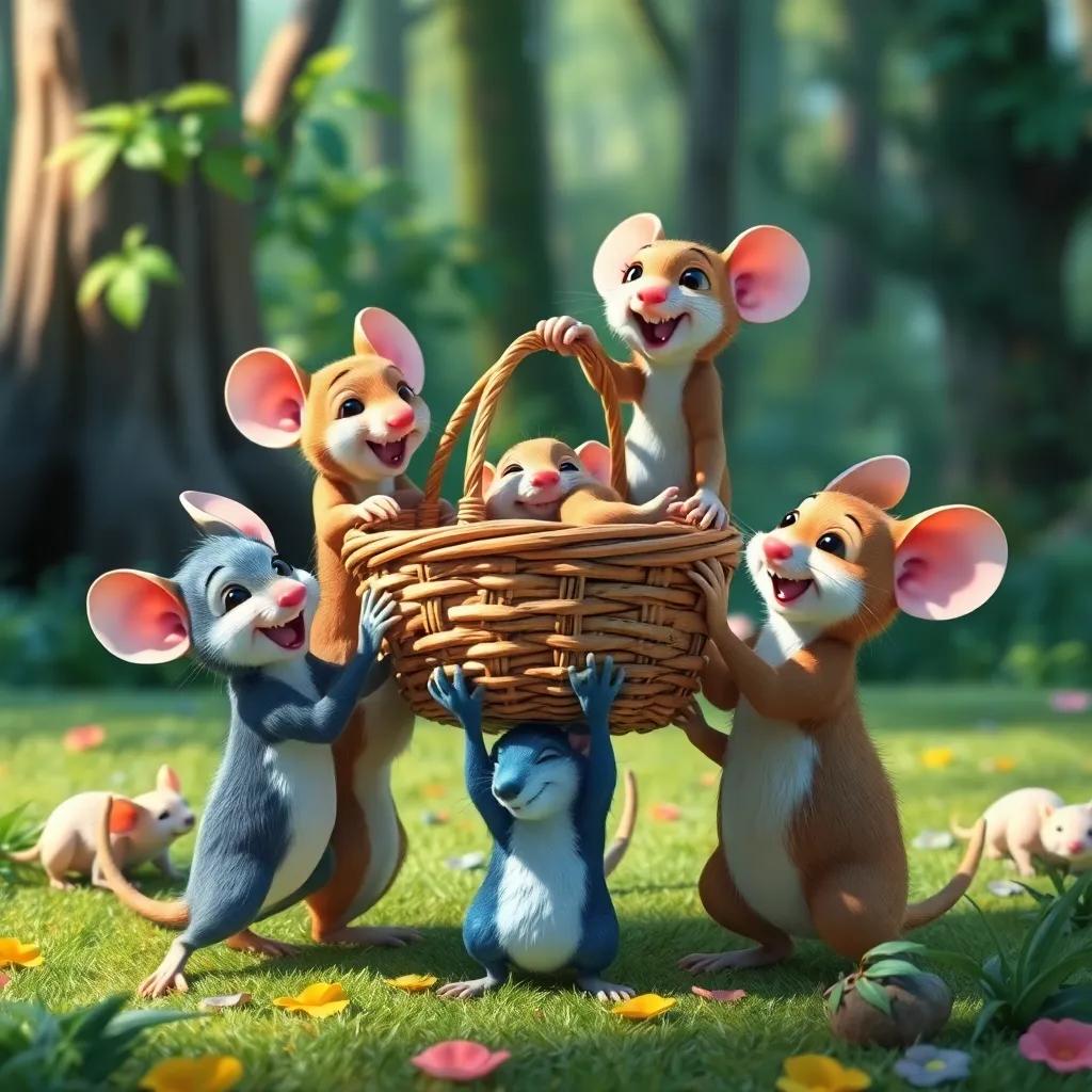 Mice collaborating with other forest animals, lifting a basket together, teamwork theme, joyful expressions, bright and colorful setting, playfully dynamic perspective