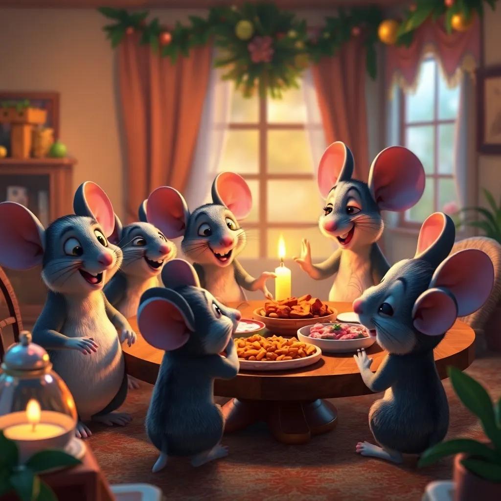 A joyful celebration of the mice and their friends at home, sharing food and laughter, festively decorated setting, warm light, cheerful atmosphere, engaging composition