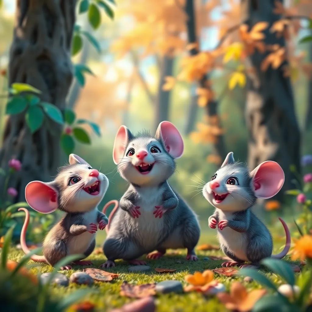 Mice together in the forest, playing and laughing, vibrant colorful scenery, fun atmosphere, lively and engaging perspectives, child-friendly