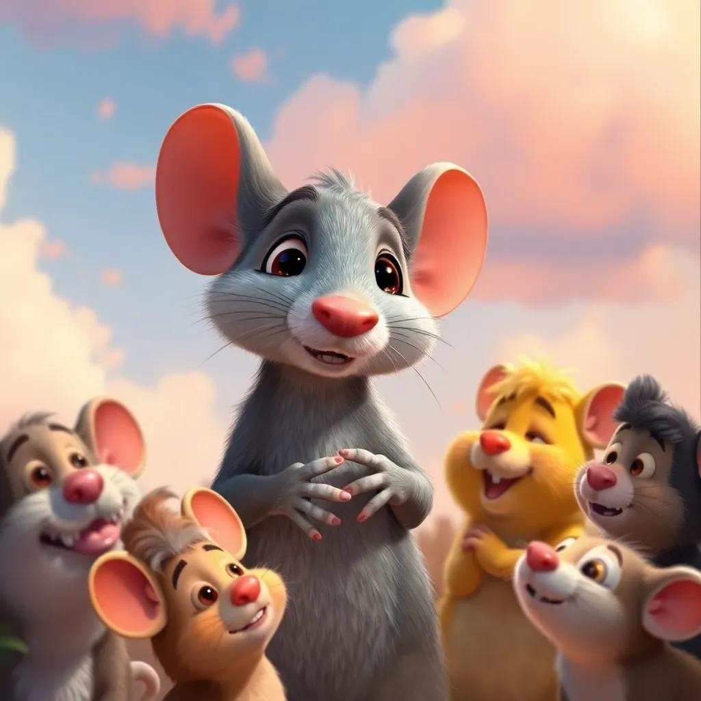 A wise mouse explaining the importance of friendship, surrounded by curious friends, thoughtful expressions, warm colors, sentimental and inviting sky