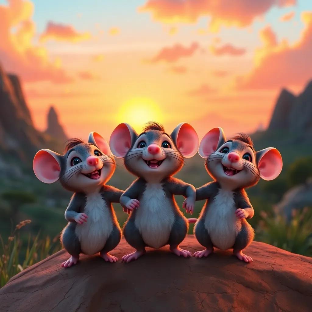 The three little mice together on an adventure, showing unity and joy, with a beautiful sunset in the background, inspiring and uplifting colors, captivating view