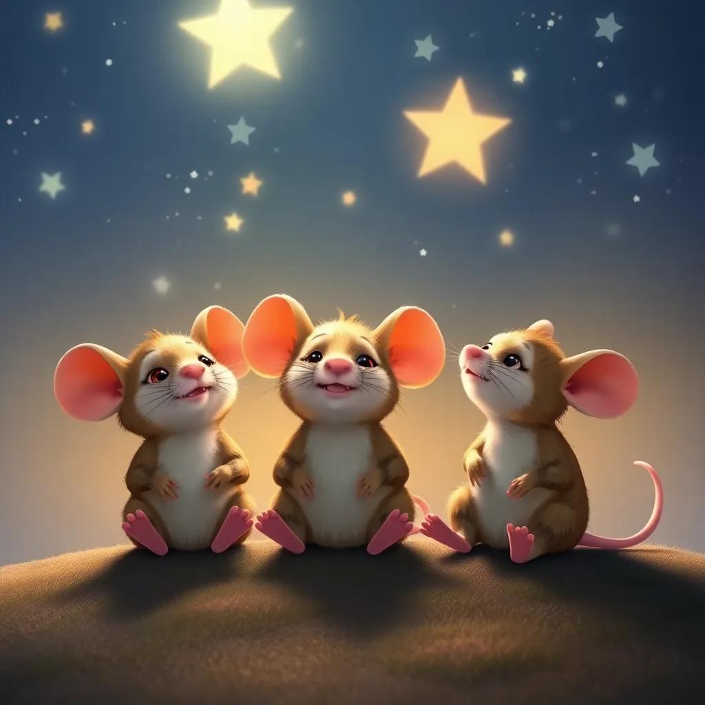 The three little mice sitting under a starry sky, reflecting on their adventures, soft light, warm colors, cozy ambiance, enchanting imagery