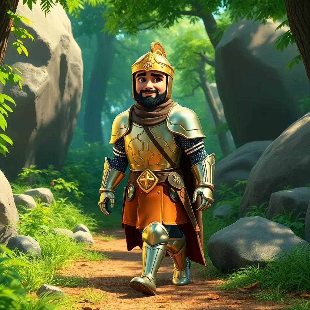 A brave knight, Ali, with shining armor and a golden helmet, walking confidently through a green forest with large rocks, digital art, vibrant colors, heroic atmosphere, high quality