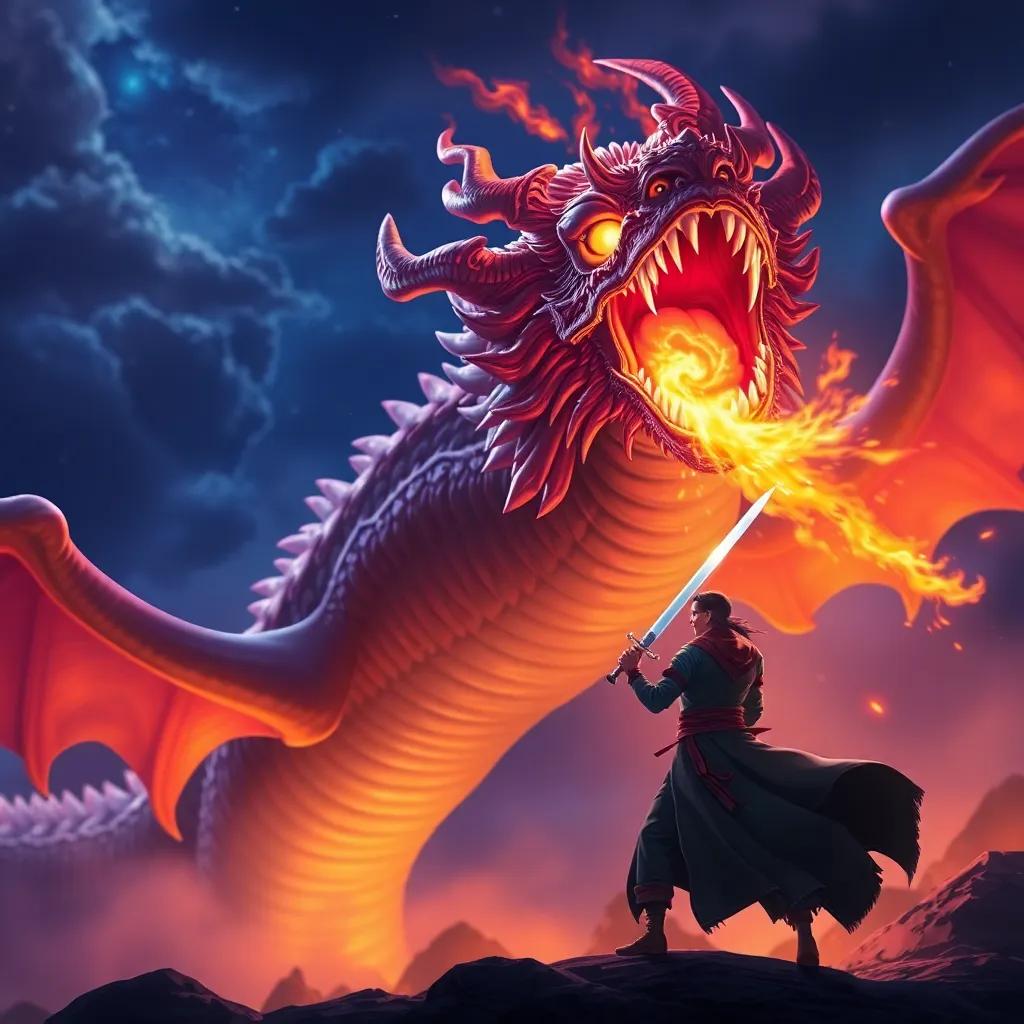 A giant dragon roaring in the night sky, with fire coming from its mouth, Ali standing firm with his sword drawn, colorful scene, dramatic lighting, intense action, high detail