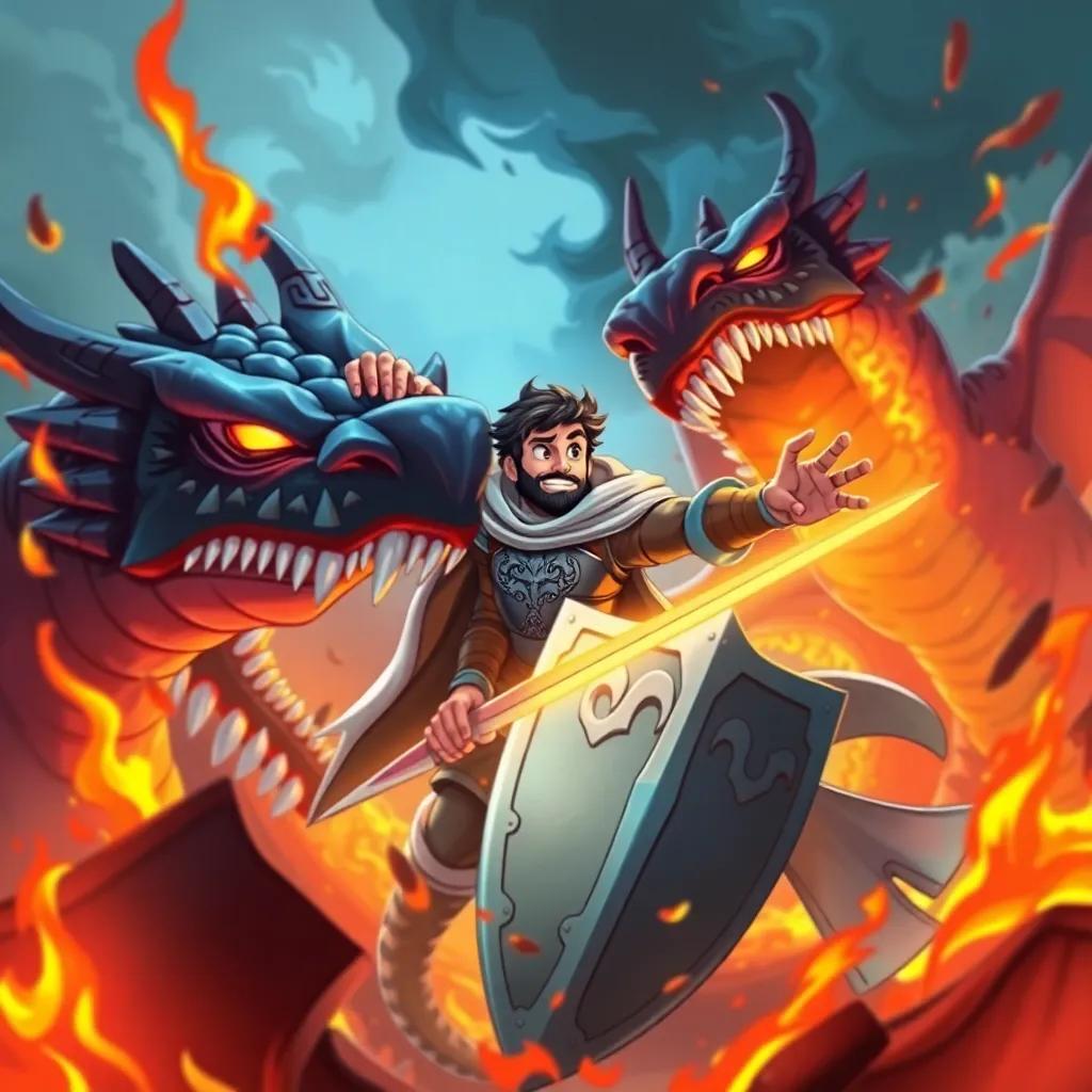 Ali the knight in battle with the dragon, surrounded by roaring flames, showing determination and bravery, action-packed illustration, vivid colors, dynamic perspective, high quality