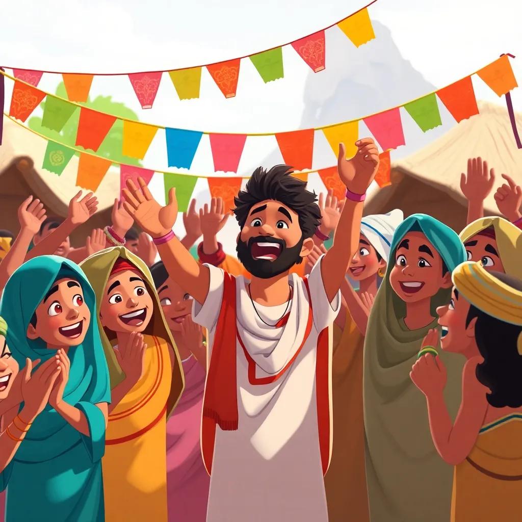The villagers cheering for Ali after his victory, with colorful banners and happy faces, a festive atmosphere, joyful celebration, bright colors, charming scene, high quality