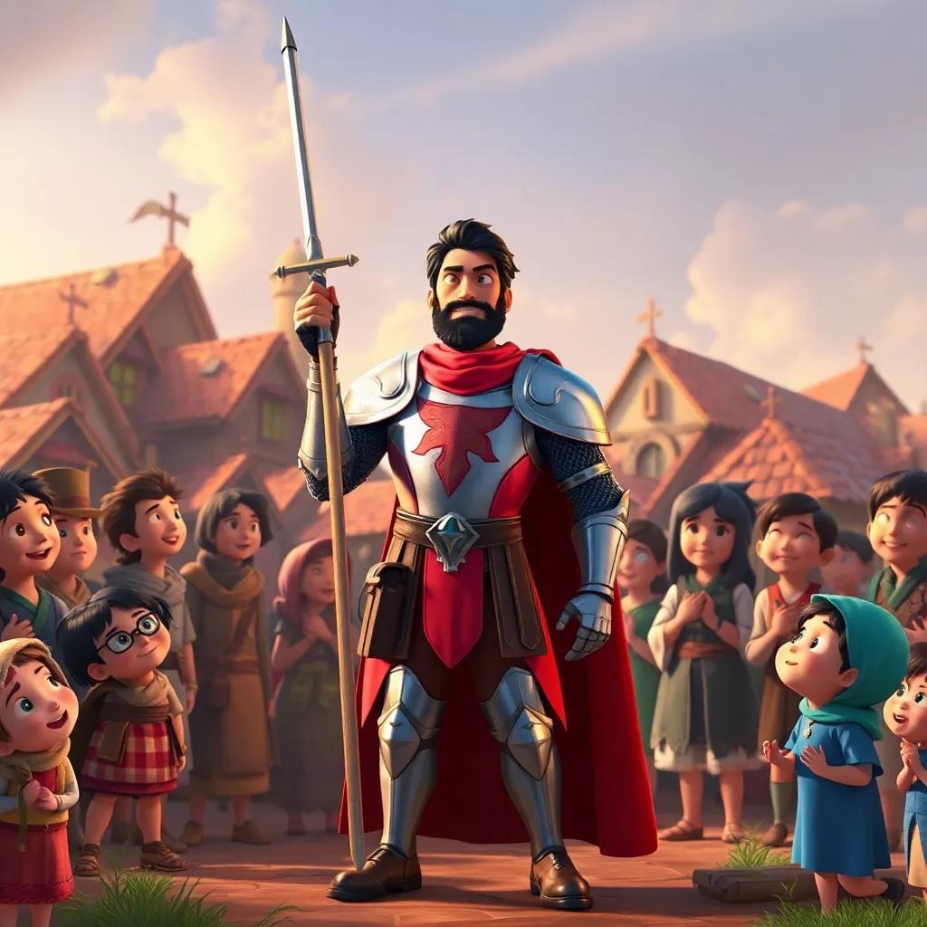 Ali, the brave knight, standing proudly in front of the cheering villagers with children looking up to him, representing heroism, warm colors, uplifting imagery, high quality