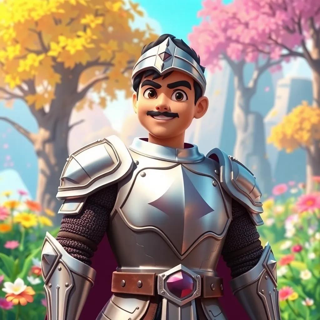 A brave knight, Rashid, wearing shining armor and a determined expression, standing in a beautiful kingdom filled with flowers and trees, digital art, vibrant colors, sunny atmosphere, high quality