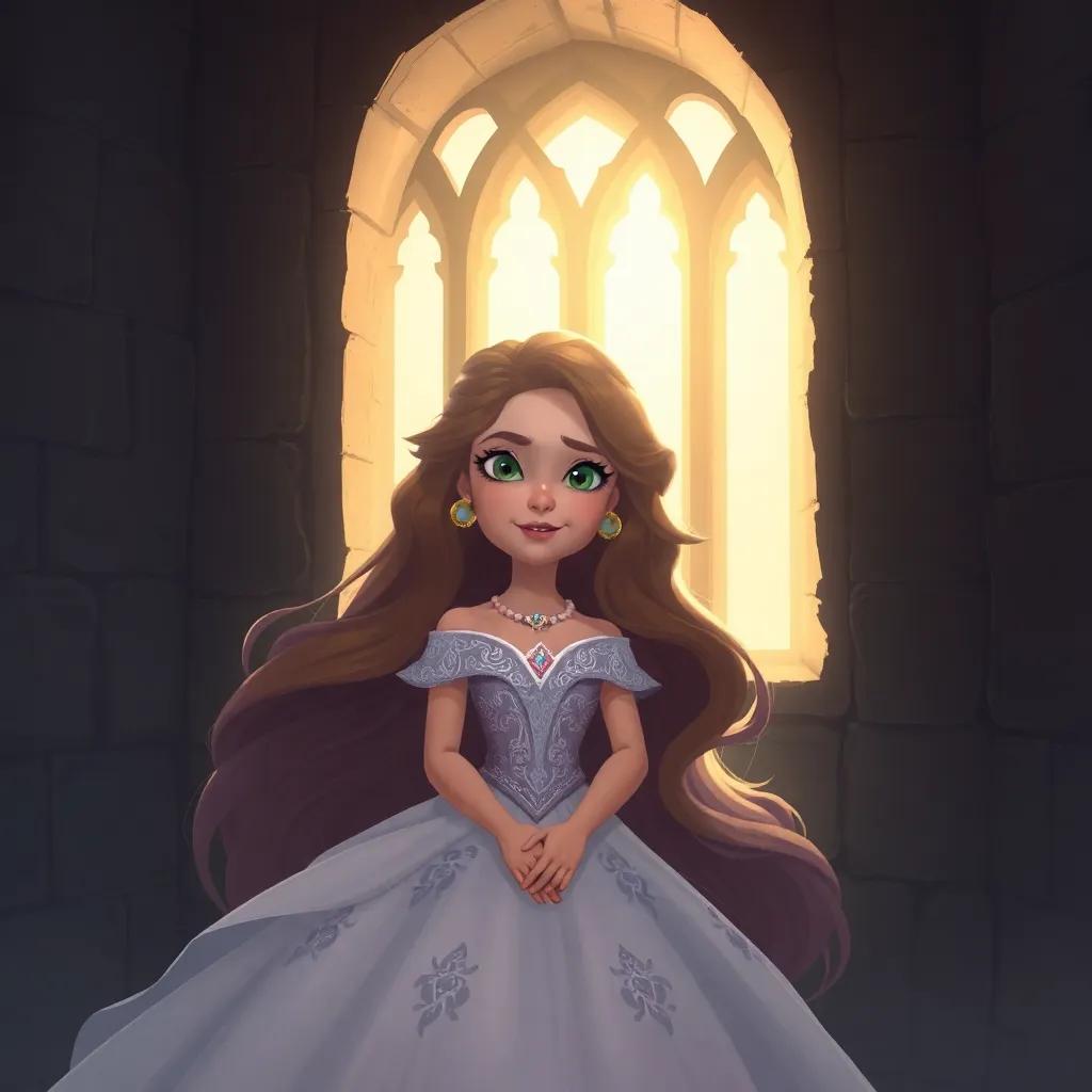 Princess Noor, a beautiful girl with long flowing hair, in a gorgeous gown, captured in a castle tower, looking anxious with a hopeful expression, digital painting, soft colors, light streaming through the window, high quality